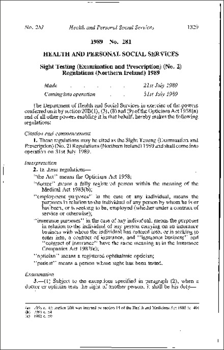 The Sight Testing (Examination and Prescription) (No. 2) Regulations (Northern Ireland) 1989