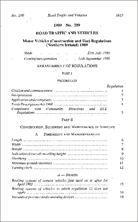 The Motor Vehicles (Construction and Use) Regulations (Northern Ireland) 1989