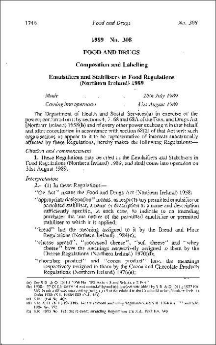 The Emulsifiers and Stabilisers in Food Regulations (Northern Ireland) 1989