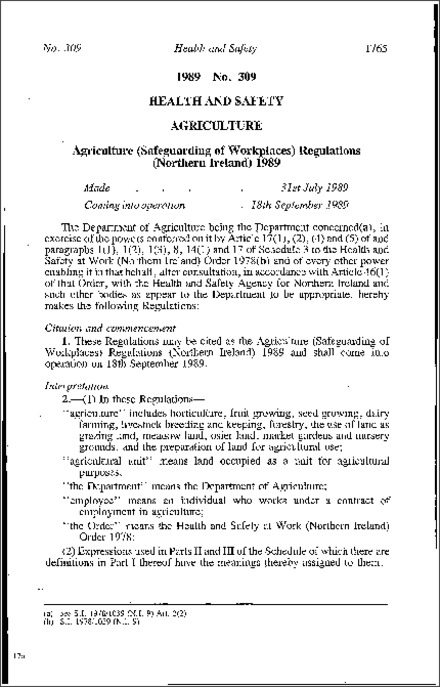 The Agriculture (Safeguarding of Workplaces) Regulations (Northern Ireland) 1989