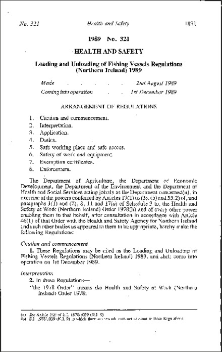 The Loading and Unloading of Fishing Vessels Regulations (Northern Ireland) 1989