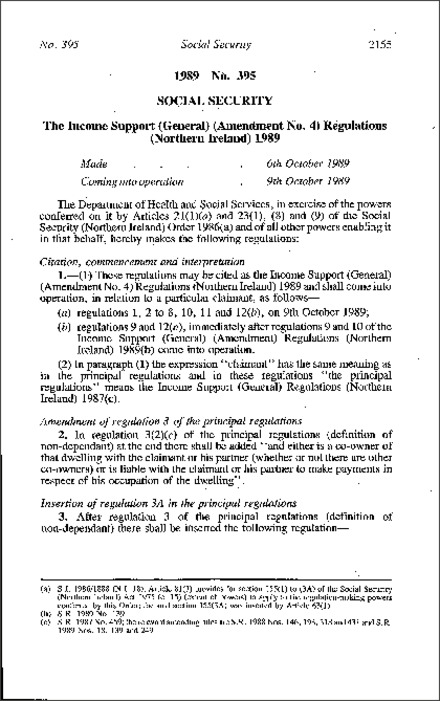 The Income Support (General) (Amendment No. 4) Regulations (Northern Ireland) 1989