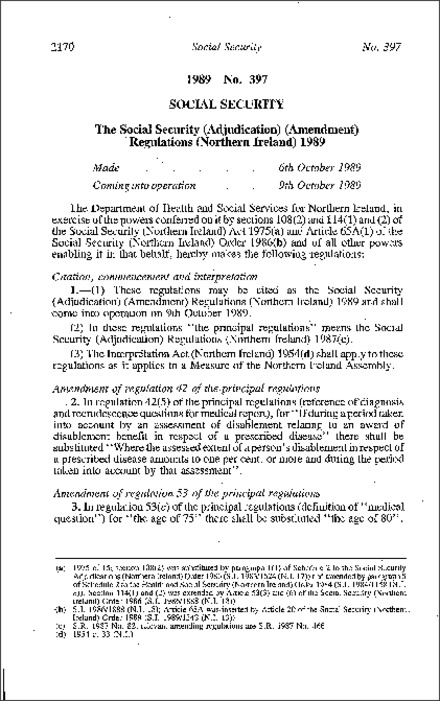 The Social Security (Adjudication) (Amendment) Regulations (Northern Ireland) 1989