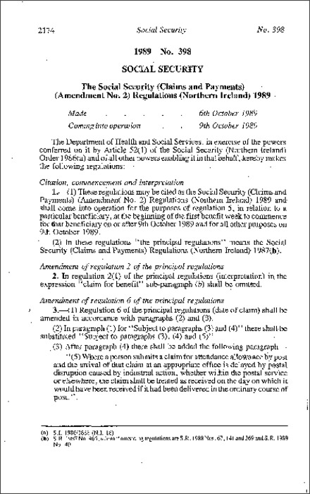 The Social Security (Claims and Payments) (Amendment No. 2) Regulations (Northern Ireland) 1989