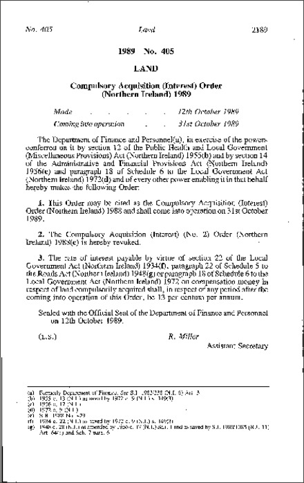 The Compulsory Acquisition (Interest) Order (Northern Ireland) 1989