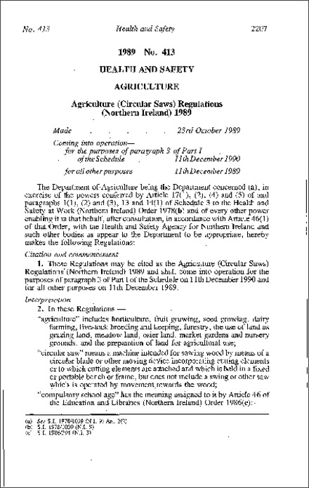 The Agriculture (Circular Saws) Regulations (Northern Ireland) 1989