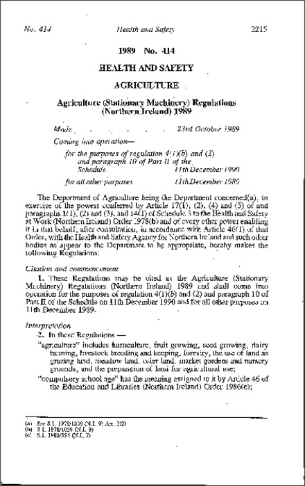 The Agriculture (Stationary Machinery) Regulations (Northern Ireland) 1989