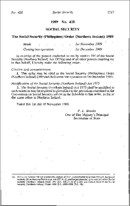 The Social Security (Philippines) Order (Northern Ireland) 1989
