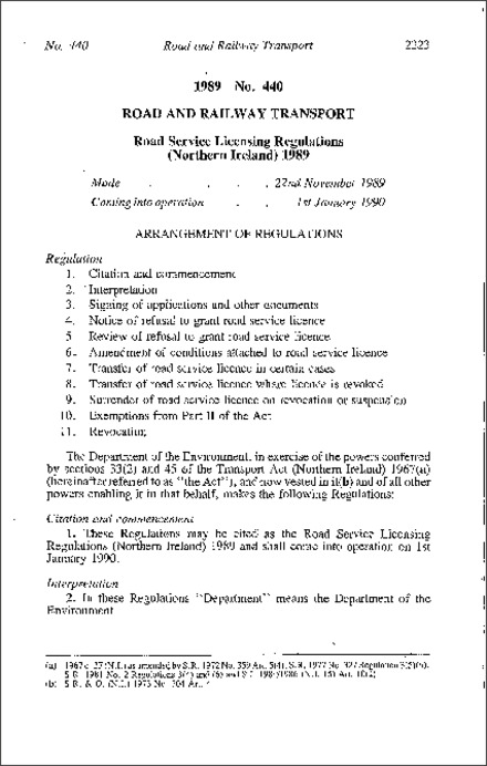 The Road Service Licensing Regulations (Northern Ireland) 1989