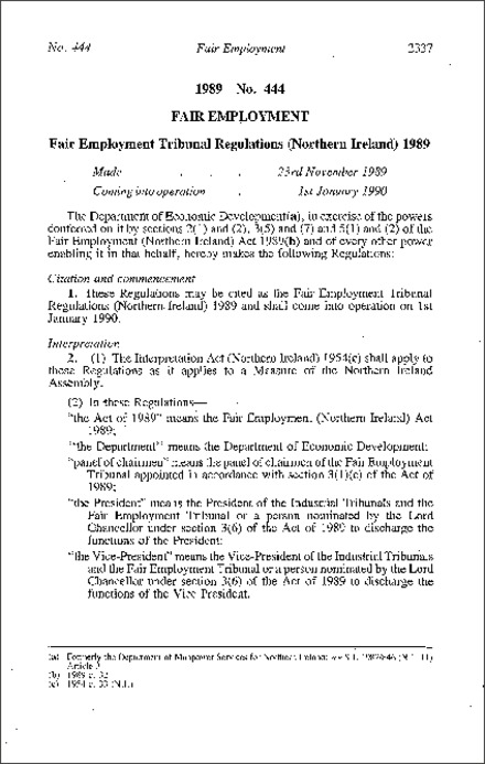 The Fair Employment Tribunal Regulations (Northern Ireland) 1989