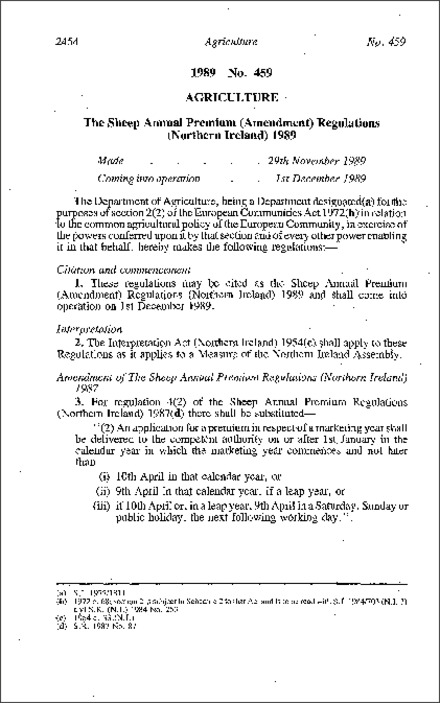 The Sheep Annual Premium (Amendment) Regulations (Northern Ireland) 1989