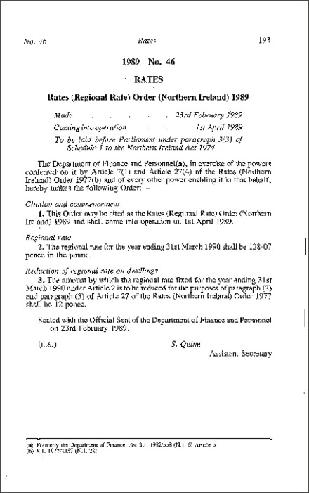The Rate (Regional Rate) Order (Northern Ireland) 1989