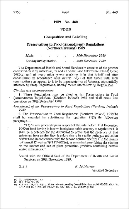 The Preservatives in Food (Amendment) Regulations (Northern Ireland) 1989