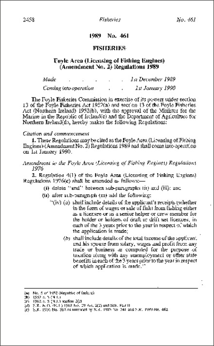 The Foyle Area (Licensing of Fishing Engines) (Amendment No. 2) Regulations (Northern Ireland) 1989