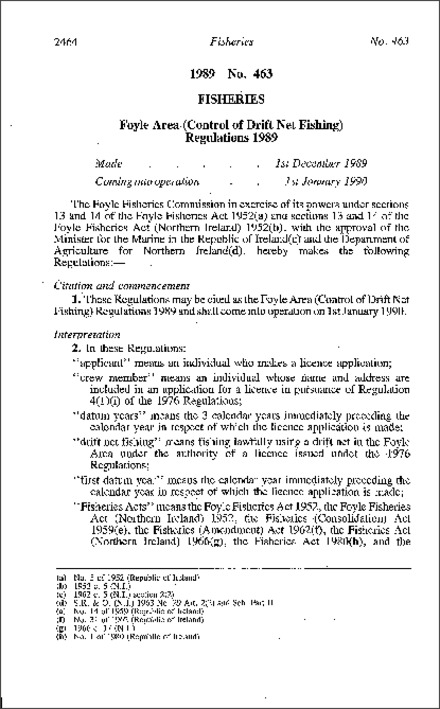 The Foyle Area (Control of Drift Net Fishing) Regulations (Northern Ireland) 1989