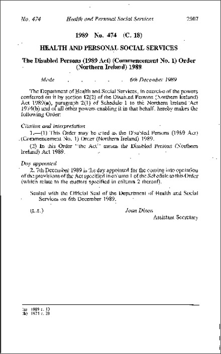 The Disabled Persons (1989 Act) (Commencement No. 1) Order (Northern Ireland) 1989