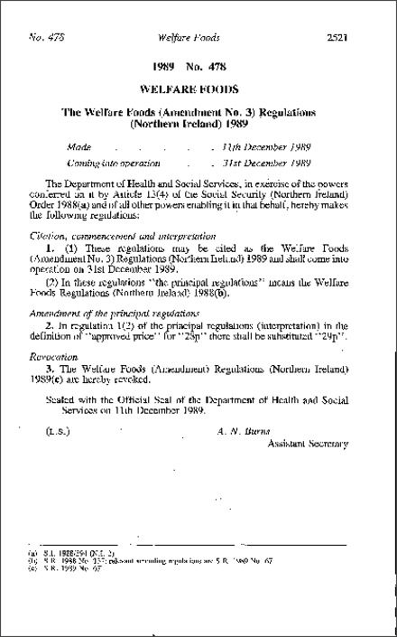 The Welfare Foods (Amendment No. 3) Regulations (Northern Ireland) 1989