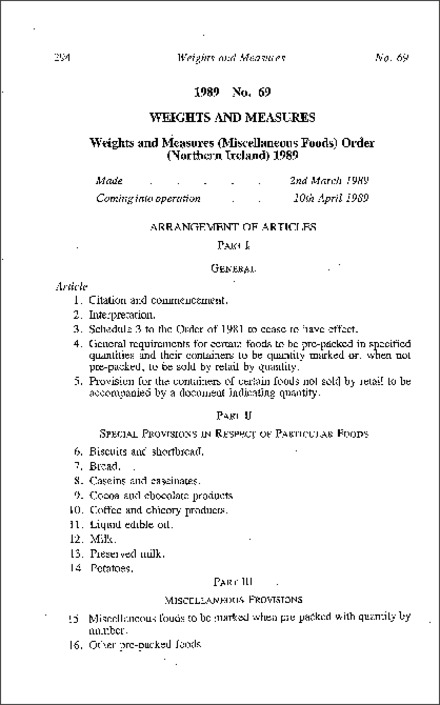 The Weights and Measures (Miscellaneous Foods) Order (Northern Ireland) 1989