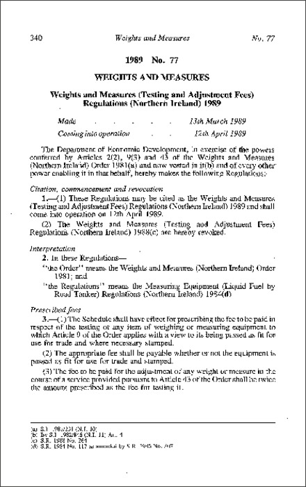 The Weights and Measures (Testing and Adjustment Fees) Regulations (Northern Ireland) 1989