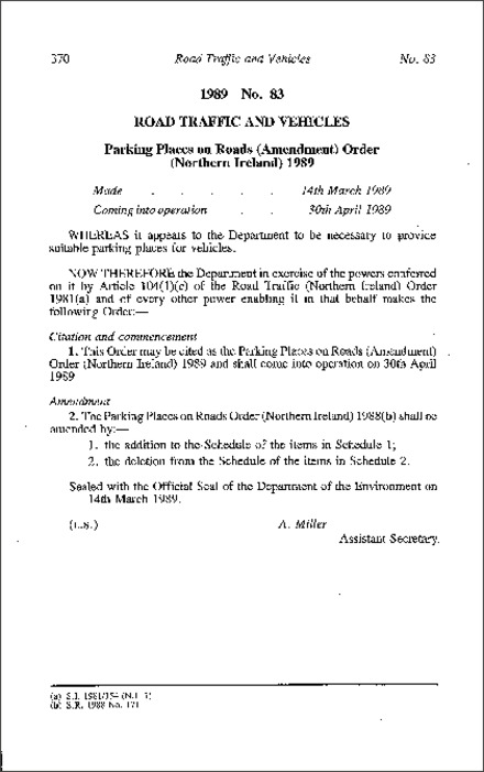 The Parking Places on Roads (Amendment) Order (Northern Ireland) 1989