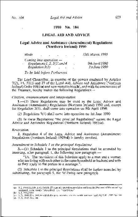 The Legal Advice and Assistance (Amendment) Regulations (Northern Ireland) 1990