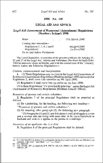 The Legal Aid (Assessment of Resources) (Amendment) Regulations (Northern Ireland) 1990