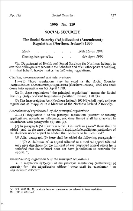 The Social Security (Adjudication) (Amendment) Regulations (Northern Ireland) 1990