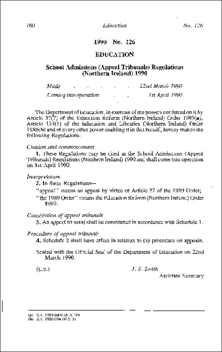 The Schools Admissions (Appeal Tribunals) Regulations (Northern Ireland) 1990