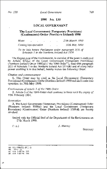 The Local Government (Temporary Provisions) (Continuance) Order (Northern Ireland) 1990