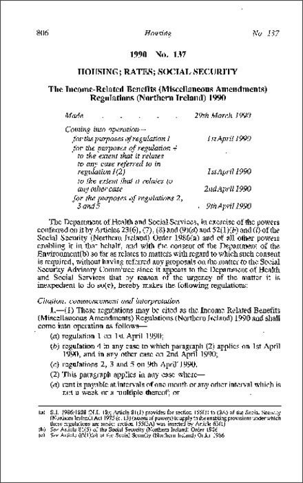 The Income Related Benefits (Miscellaneous Amendment) Regulations (Northern Ireland) 1990