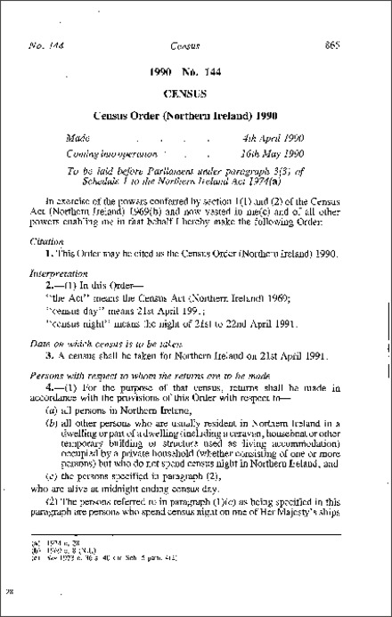 The Census Order (Northern Ireland) 1990