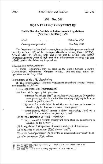 The Public Service Vehicles (Amendment) Regulations (Northern Ireland) 1990