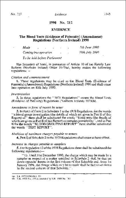 The Blood Tests (Evidence of Paternity) (Amendment) Regulations (Northern Ireland) 1990