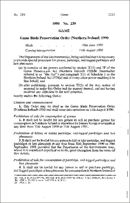 The Game Birds Preservation Order (Northern Ireland) 1990