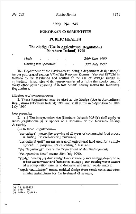 The Sludge (Use in Agriculture) Regulations (Northern Ireland) 1990