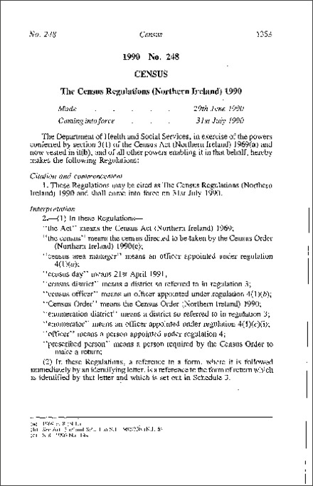 The Census Regulations (Northern Ireland) 1990