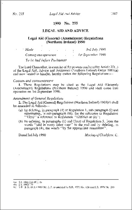 The Legal Aid (General) (Amendment) Regulations (Northern Ireland) 1990