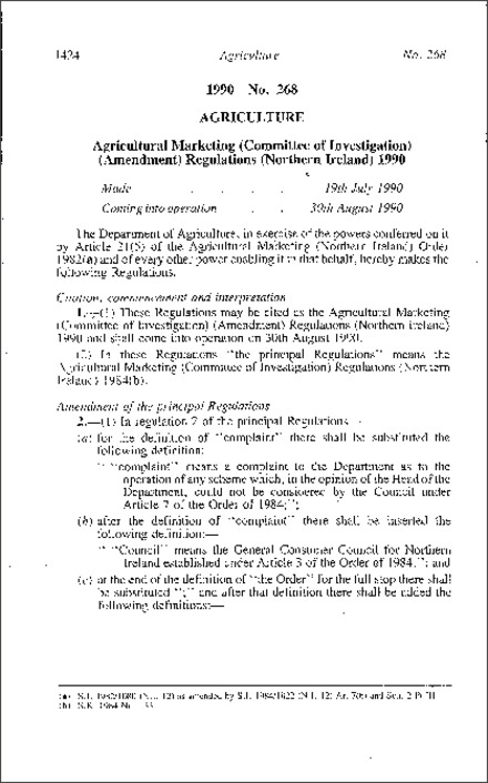 The Agricultural Marketing (Committee of Investigation) (Amendment) Regulations (Northern Ireland) 1990