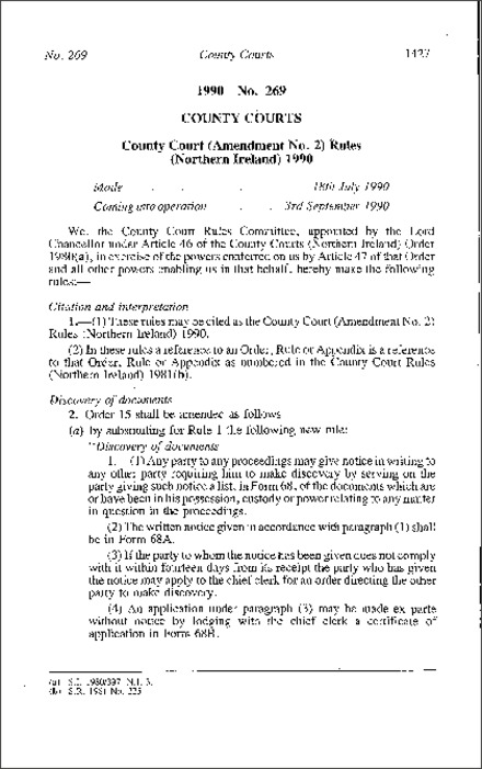 The County Court (Amendment No. 2) Rules (Northern Ireland) 1990