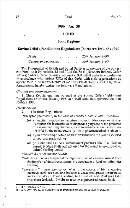 The Bovine Offal (Prohibition) Regulations (Northern Ireland) 1990