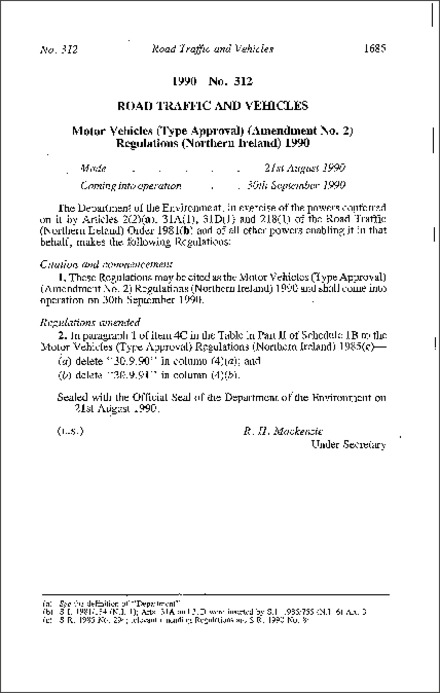 The Motor Vehicles (Type Approval) (Amendment No. 2) Regulations (Northern Ireland) 1990