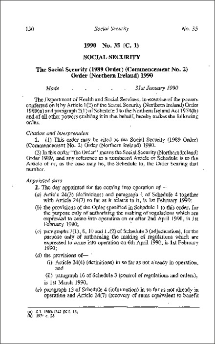 The Social Security (1989 Order) (Commencement No. 2) Order (Northern Ireland) 1990