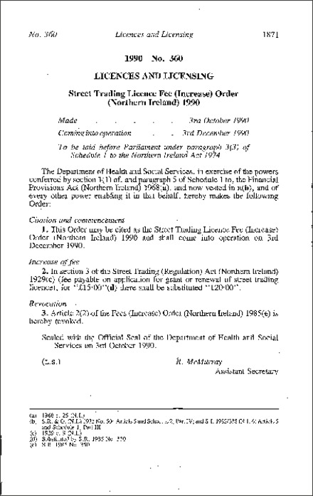The Street Trading Licence Fee (Increase) Order (Northern Ireland) 1990