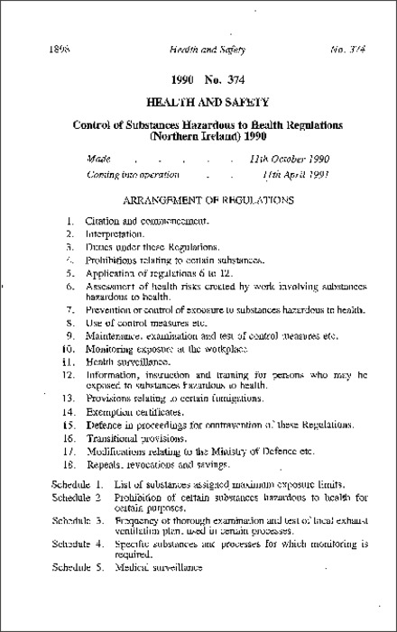 The Control of Substances Hazardous to Health Regulations (Northern Ireland) 1990