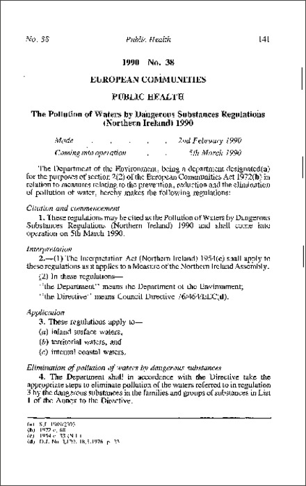 The Pollution of Waters by Dangerous Substances Regulations (Northern Ireland) 1990