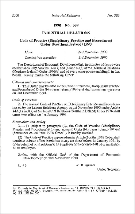 The Code of Practice (Disciplinary Practice and Procedure) Order (Northern Ireland) 1990