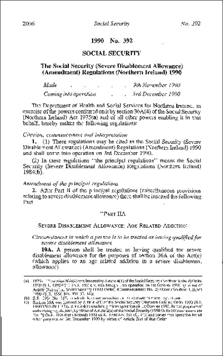 The Social Security (Severe Disablement Allowance) (Amendment) Regulations (Northern Ireland) 1990