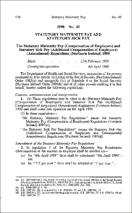 The Statutory Maternity Pay (Compensation of Employers) and Statutory Sick Pay (Additional Compensation of Employers) (Amendment) Regulations (Northern Ireland) 1990