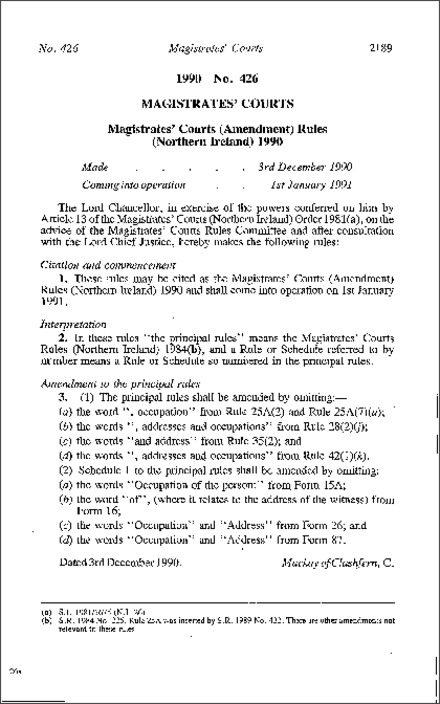 The Magistrate' Courts (Amendment) Rules (Northern Ireland) 1990