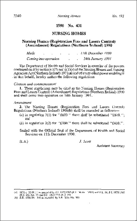 The Nursing Homes (Registration Fees and Laser Control) (Amendment) Regulations (Northern Ireland) 1990